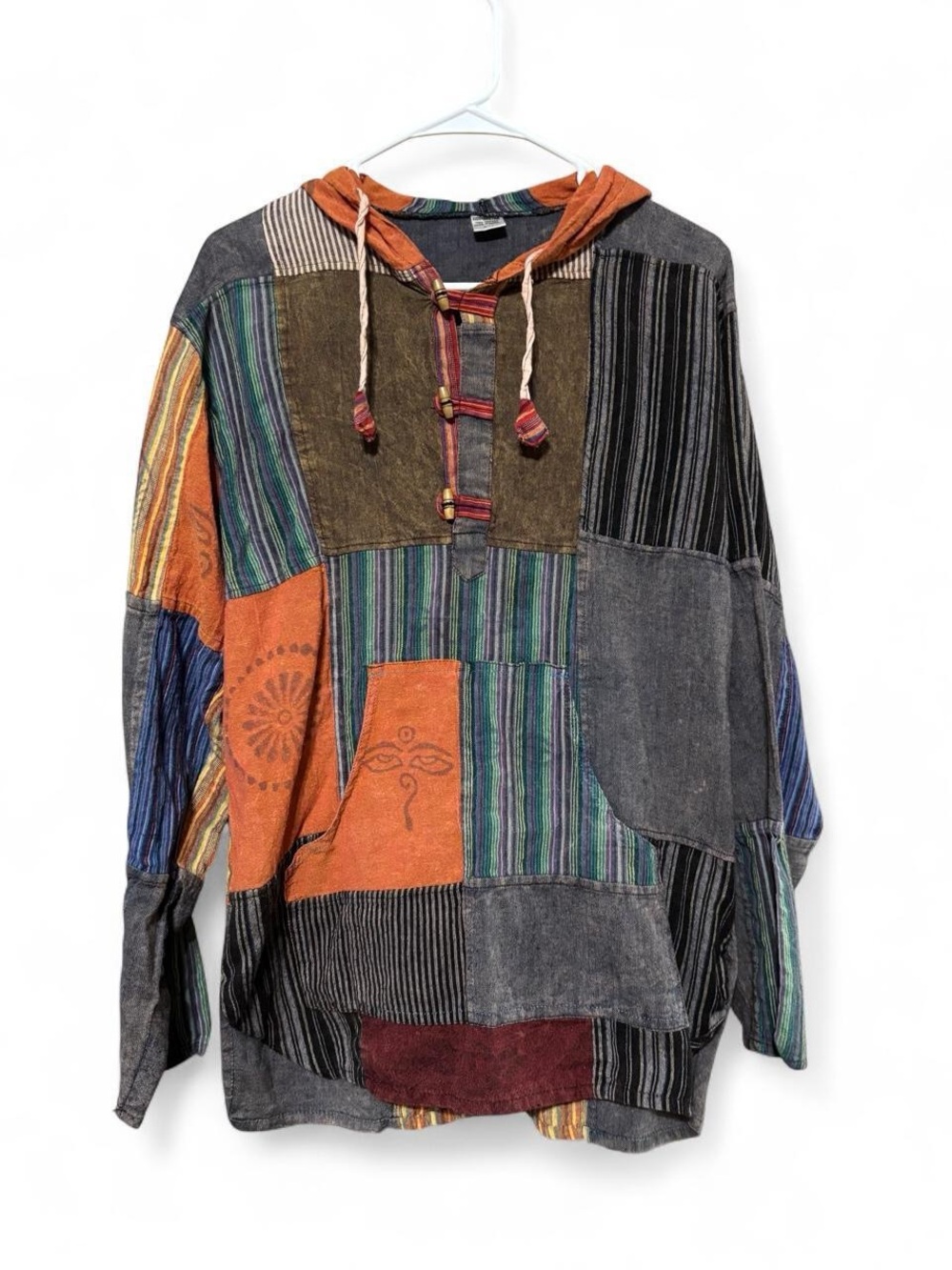 Patchwork grunge Hooded Pullover Shirt - Multi-Color